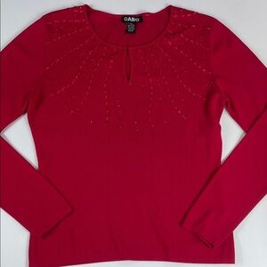 Cabo Red Embellished Sweater XL Keyhole Neck Long Sleeve Knit Womens Top
